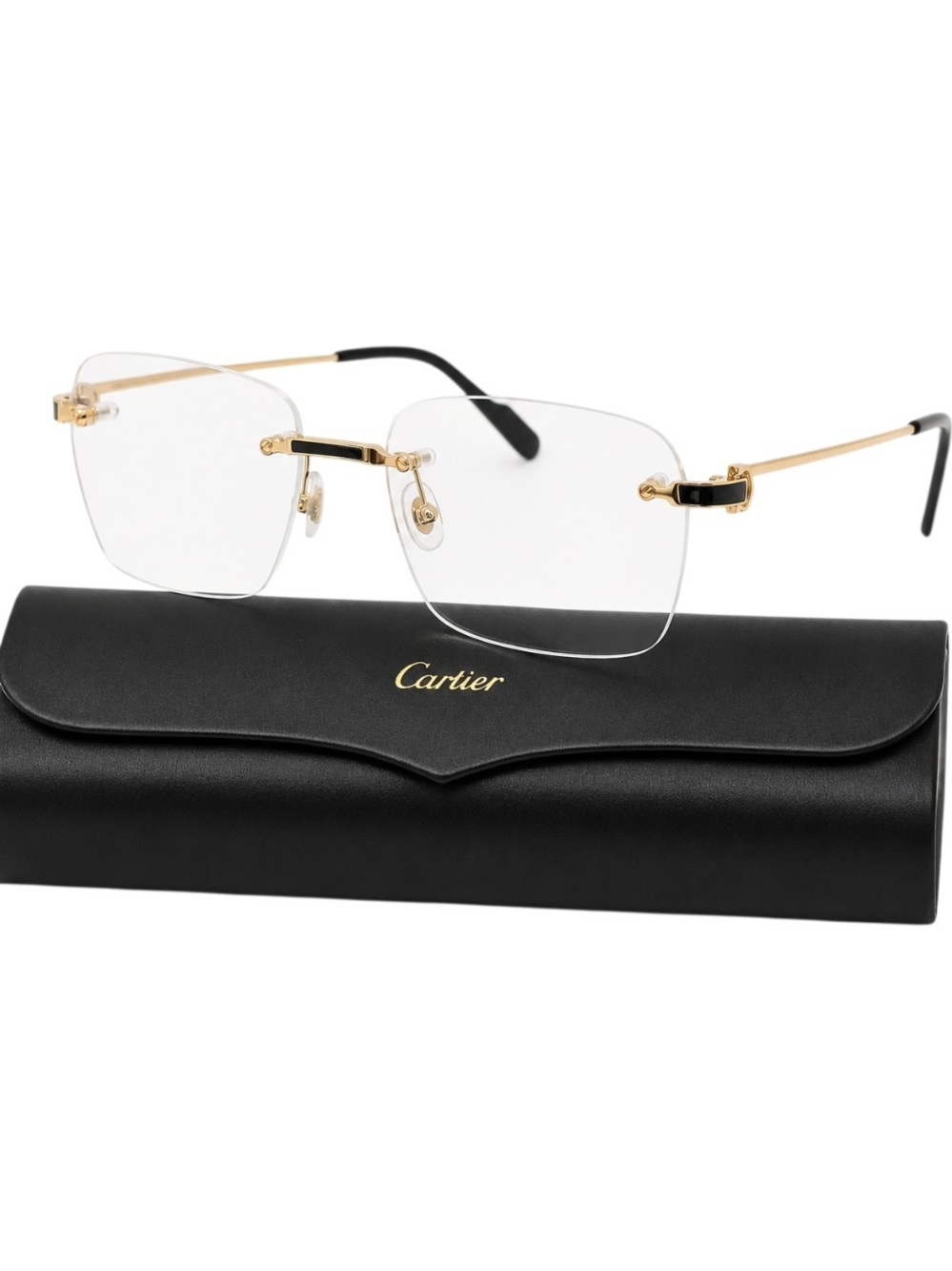 Cartier Rimless Optical Glasses in Gold and Black ENAMEL